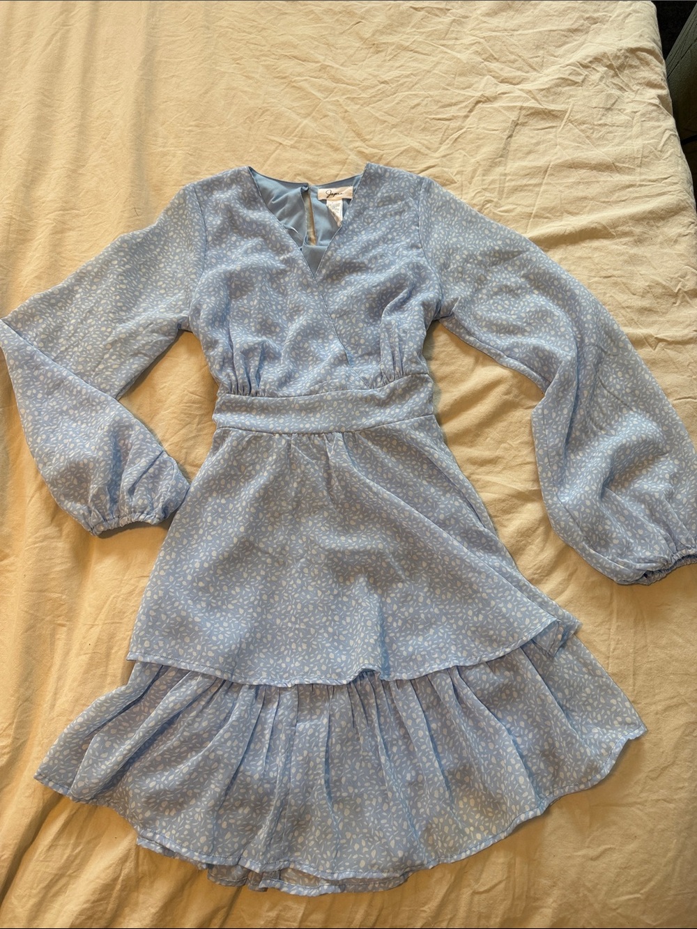 Japna Tiered Smocked Waist Baby Blue Floral Long Sleeve Bow Dress